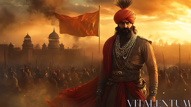 Warrior king stands before fortress at dusk, leading army