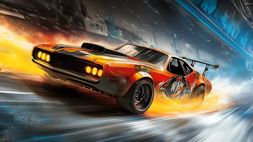 Fiery muscle car roars through a neon drenched racing tunnel