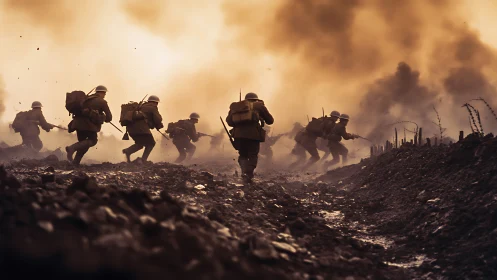 Mud and smoke swallow charging soldiers in a trench rush