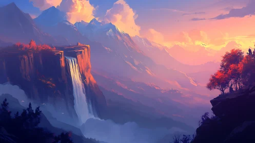 Sunset mountains with soaring waterfall and ember trees.