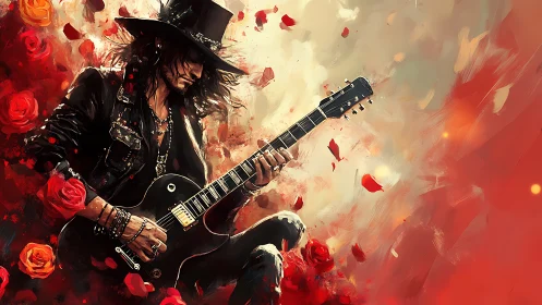 Rose-stormed guitar outlaw shredding a crimson love spell.