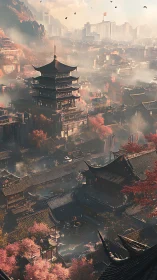 Ancient tiered pagoda overlooks misty valley city at dawn