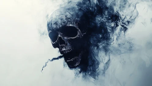 Skull emerges from swirling dark smoke on pale background
