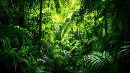 Lush tropical jungle canopy glowing with vibrant green light
