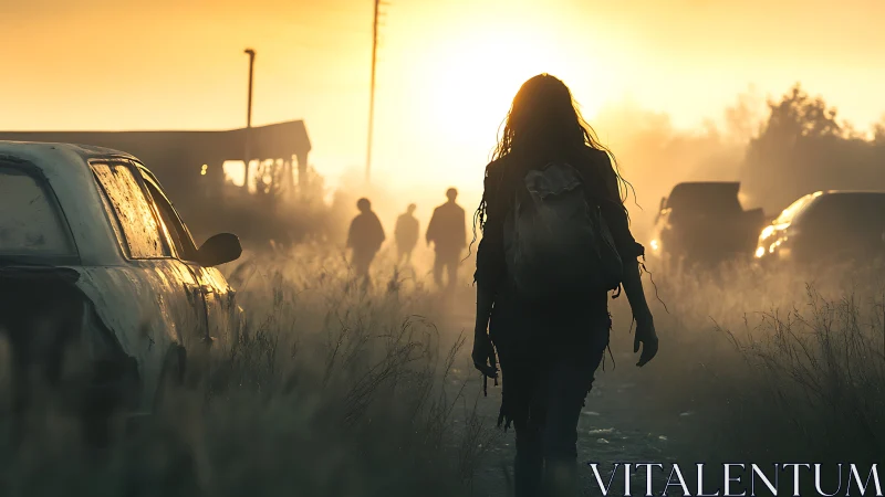 Backlit wanderer walks through foggy post apocalyptic road