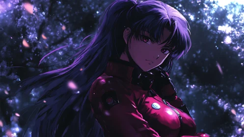 Stoic pilot in crimson suit under bioluminescent canopy.