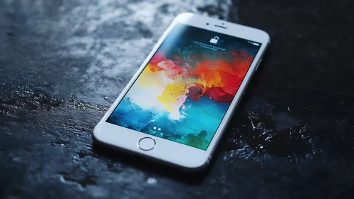 White iPhone displaying vibrant color gradient wallpaper on wet surface.