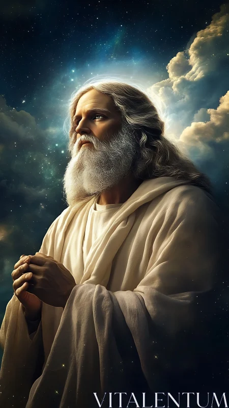 Ethereal robed elder gazes heavenward amid cosmic clouds