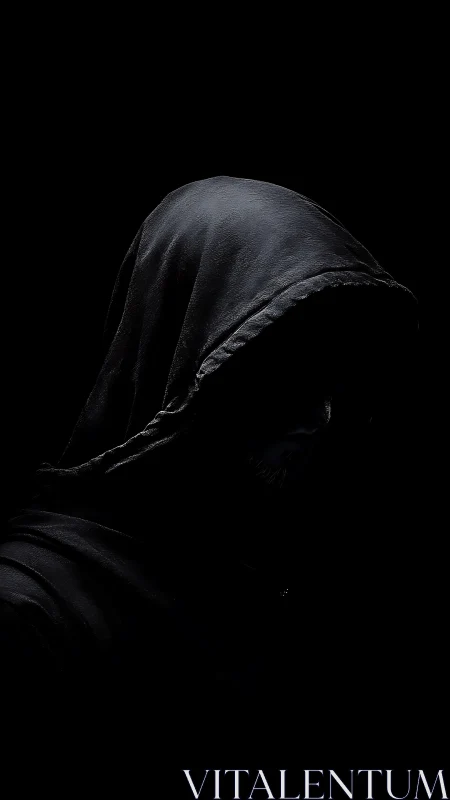 Shadowed hooded figure resting in quiet darkness.