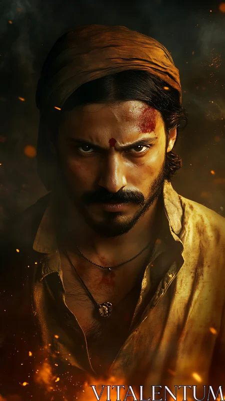 Fierce warrior portrait framed by burning embers and smoke.