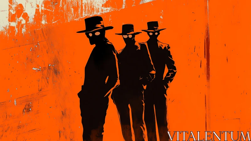 Shadowed gentlemen with glowing eyes prowl orange silence.