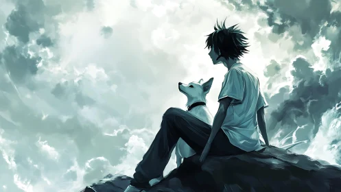 Boy and dog share a quiet skywatch atop windy cliffs.