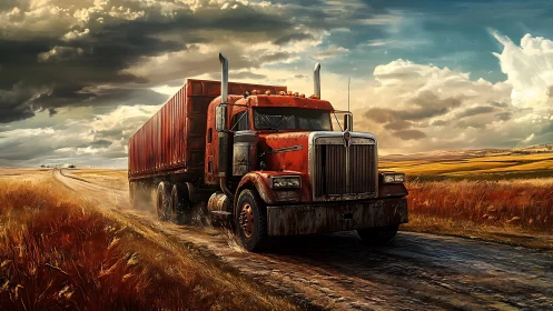 Rust-red semi truck powers through stormlit rural highway.