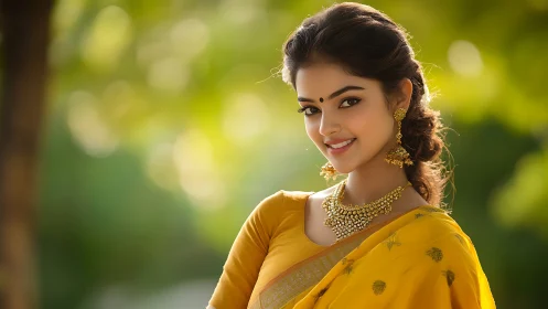 Natural light portrait of woman in yellow saree outdoors
