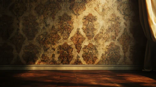 Aged damask wall with low sunlight and polished wood floor
