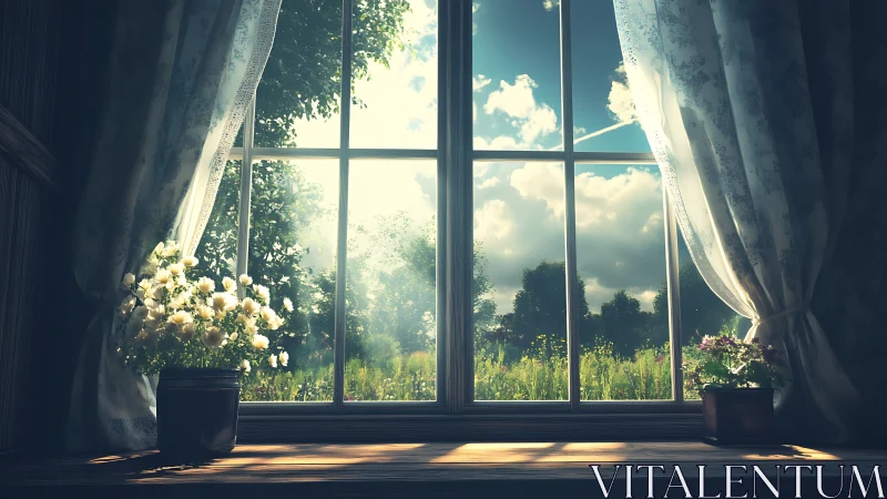 Sunlit window nook opening softly onto a summer meadow.