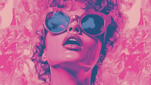 Vibrant pink portrait with glossy sunglasses and curls.