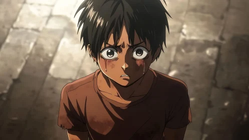 Emotionally shaken anime boy standing on stone street.