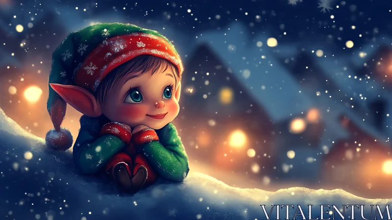 Winter night elf character in snowy village setting.