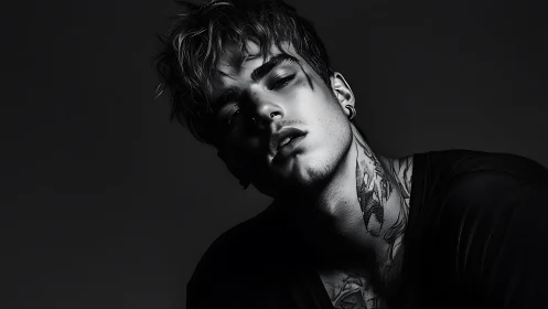 Moody tattooed man in dramatic monochrome portrait lighting.