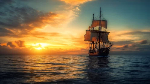 Tall sailing ship crossing calm sea at vivid sunset.