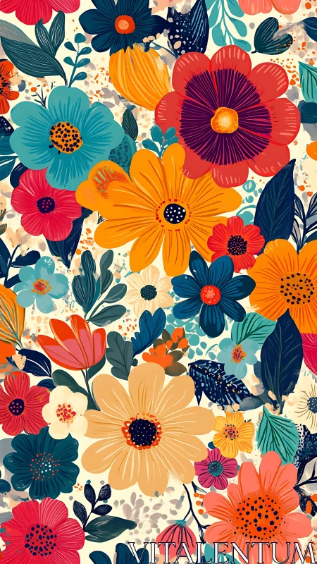 Dense floral composition featuring multiple flower forms in varied chromatic arrangement.