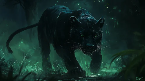 Shadowy Panther: Mystical Beast Emerges in Enchanted Green Mist
