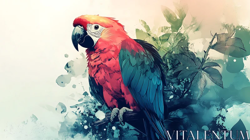 Vibrant Macaw Parrot on Branch in Watercolor Art Style.