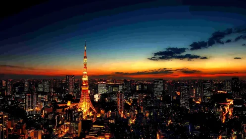 Illuminated urban tower within dense skyline at sunset.