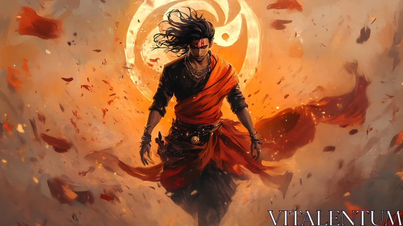 Ember-clad wanderer strides from the swirling sigil sun