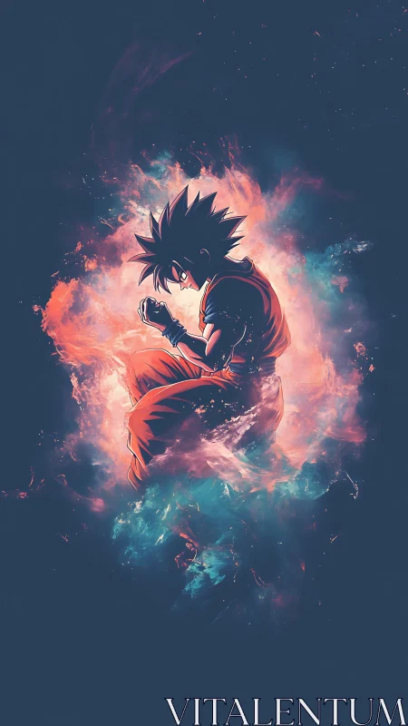 Quiet anime warrior resting within swirling cosmic light.