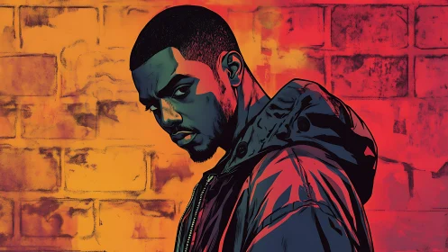 Urban comic portrait with bold neon brick backdrop.