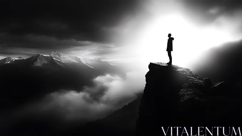 Solitary figure stands on cliff edge above mist-filled mountains