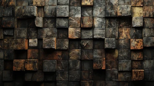 Rustic wooden block wall texture with geometric 3D pattern.