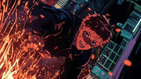 Anime fighter lunges through sparks in dark city street.