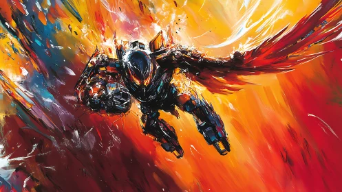 Armored winged mech dives through explosive molten sky