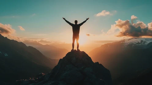 Silhouette on mountain peak against blazing sunrise sky