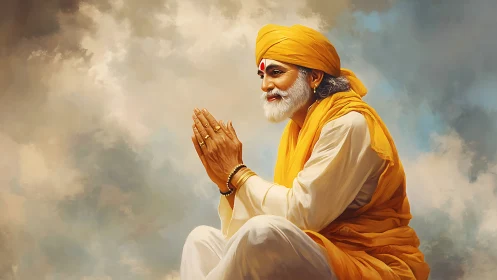 Gentle sage in saffron robes resting within soft daylight clouds.