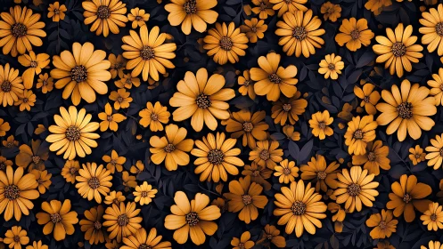 Golden Daisy Composition: Layered Floral Arrangement on Deep Navy Background