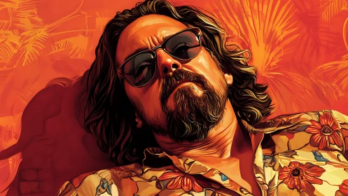 Laid-back bearded man in sunglasses under orange glow.