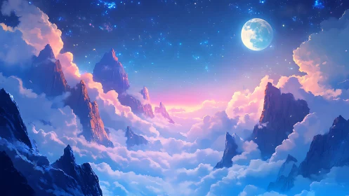 Dreamy moonlit mountains rising above glowing clouds.