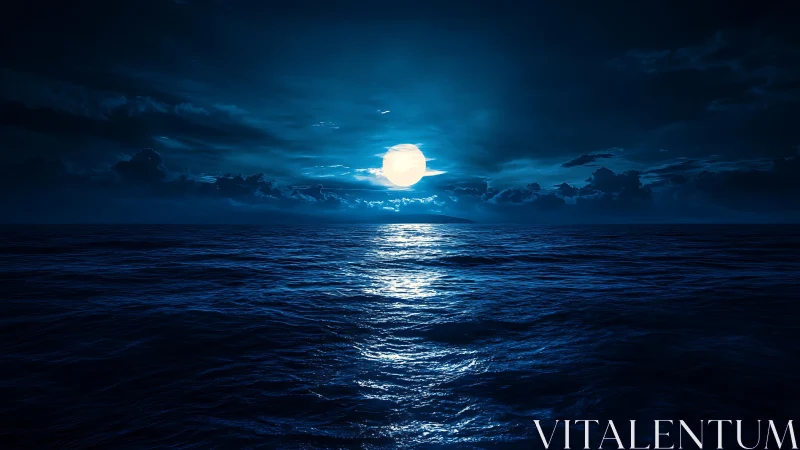 High-contrast nocturnal seascape with specular moon reflection band