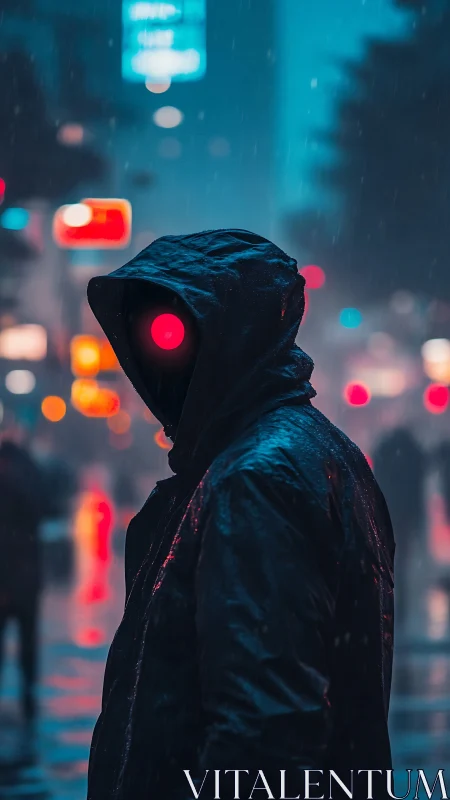 Hooded neon watcher glowing softly in the rainy city night.