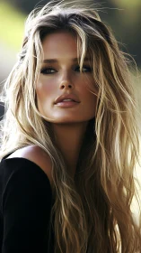 Portrait shows long haired woman in soft outdoor lighting