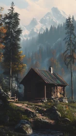 Timber cabin under misted alpine ridgeline, volumetric daylight.