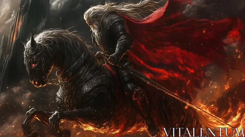 Dark armored rider on flaming warhorse in stormy inferno.