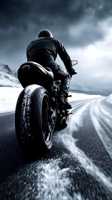 Motorcyclist carving icy highway beneath storm-laden skies.