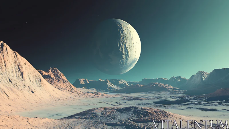 Glacial exoplanet landscape with ringless ice moon in teal sky