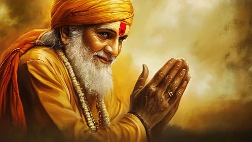 Elderly spiritual man in orange robe with folded hands.