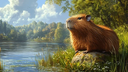 Capybara resting on riverbank rock in sunny landscape.